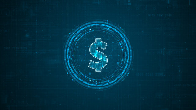 Blue digital money logo with rotation HUD UI circle technology interface and futuristic elements abstract background crypto currency finance and digital money concepts