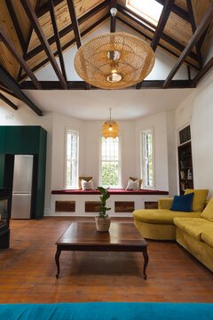 Luxury Open Plan Domestic Living Room With Ceiling Open To Roof, Copy Space