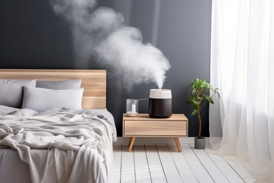 Close up of humidifier with smoke on bedroom in background of modern house. Health concept of drying and moisture.