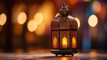 A decorative lantern with a lit candle on a table, AI - obrazy, fototapety, plakaty