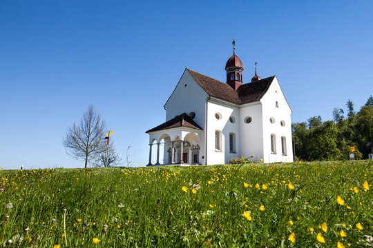 St. Verena Chapel on the Zugerberg, city of Zug, with a steel-blue sky and beautiful weather. A popular venue for weddings.
