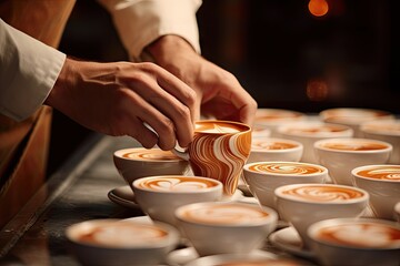 Fototapeta na wymiar Man placing coffee cups with foam. Table full of cups.