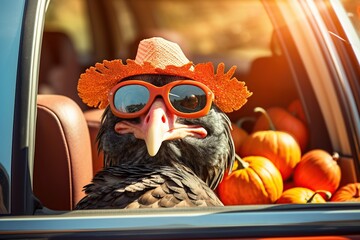 Thanksgiving turkey bird with sunglasses looking out of a car filed with pumpkin.