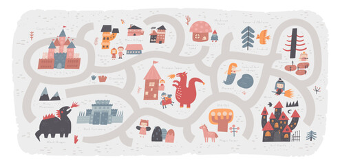 Fairy tale kingdom map with castle, princess, prince, dragon, witch, mermaid, peasant village, fairy, unicorn, gnome, frog. Cute hand drawn doodle medieval map with fantasy magic creatures for kids.