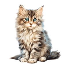 Cute siberian kitten, sitting cat illustration isolated on  transparent background Generative AI