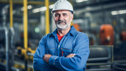 Fototapeta na wymiar Portrait of a mature male professional heavy industry engineer worker wearing uniform. Male industrial specialist standing in metal construction facility.