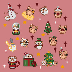 set of christmas cat and hamster