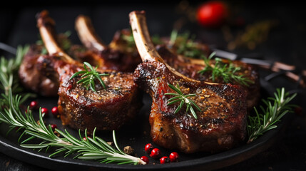 Succulent lamb chops with a rosemary and garlic crust, Christmas party, blurred background, with copy space