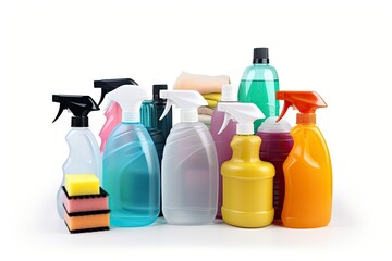 A Collection of Cleaning Products on a Fresh White Background Created With Generative AI Technology