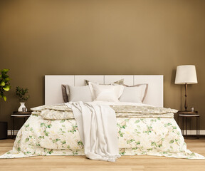 3d rendering vintage minimal mock up bedroom with brown background
