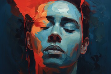 Pain, loneliness, psychological problem art concept. Front view illustration of a guy with closed eyes and liquid red paint on his face