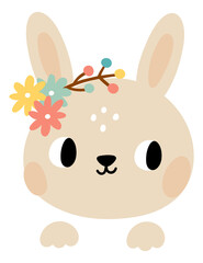 Bunny portrait with flowers. Cute spring mascot