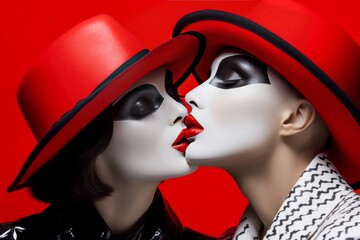Deux femmes portant un chapeau rouge, le visage maquillé, s'embrassant en tout anonymat pour la Saint-Valentin, par amour.