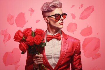 Portrait d'un homme en costume rose et noeud papillon sur fond rose avec un bouquet à la main pour la Saint-Valentin ou fêter l'amour.