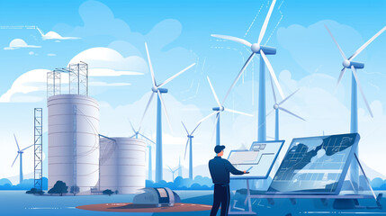An environmental engineer designing a new energy plant powered by renewable resources, surrounded by wind turbines and solar panels.