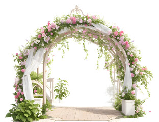 Arch of pink an d white climbing roses. Floral design. Wedding decoration. Illustration, detailed, isolated on white background. PNG, wedding decoration