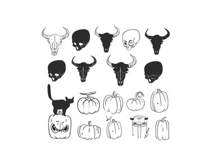 Hand drawn vector abstract graphic line art and silhouette Halloween big set of creepy characters,pumpkins ,skull isolated.Halloween outline scary graphic design concept decoration,line art icons.
