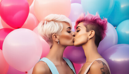 Two lesbians kissing on the background of colorful balloons, valentine's day concept