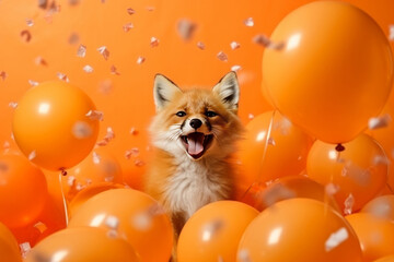 Fototapeta na wymiar Fox on a orange background surrounded by multicolor balloons and confetti. Festive concept