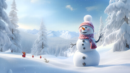 Fototapeta premium A snowman stands on the street and makes people happy