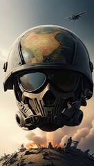 Fototapeta premium A large head in a gas mask and a military helmet painted like a globe against the backdrop of military operations in the air and on land. The concept of the third world war.