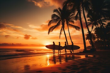 silhouette of surfers on sunset
