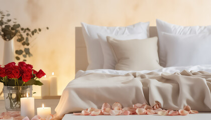 Bed with rose petals and blurred lights, valentine's day concept
