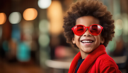 Black african boy in red glasses, valentine's day concept