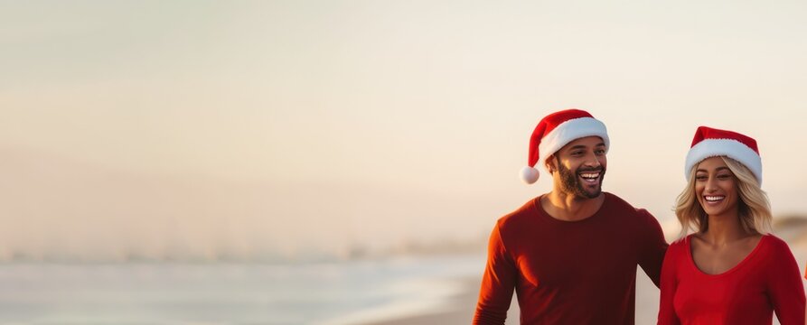 diverse couple of man and woman on the beach celebrating Christmas dressed in red outfits and Santa hats horizontal banner copy space left - Powered by Adobe