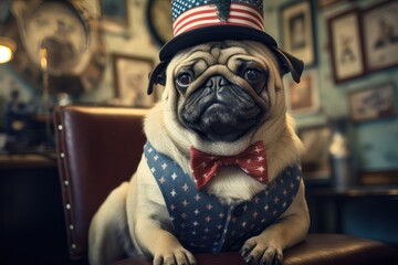 Fototapeta na wymiar American pug dog in barbershop funny poster. 