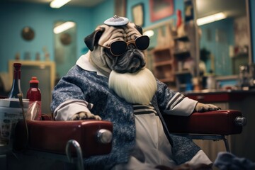 Cool pug dog in barbershop funny poster. 