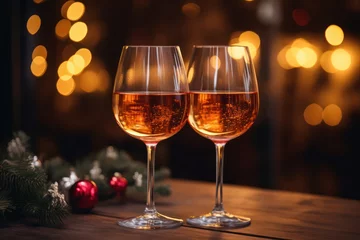Fotobehang two glasses of rose sparkling wine to cheers for Christmas or New year. Celebrating at party. Happy Birthday or anniversary. Festive drinks background © Dina
