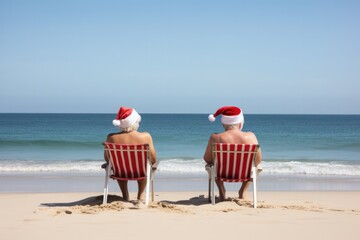 couple of two senior guys in Santa hats sitting in beach chairs celebrating Christmas by the sea