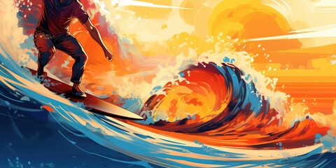 colorful surfer on ocean waves illustration