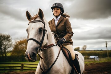 Obraz premium female equestrian competing with white horse