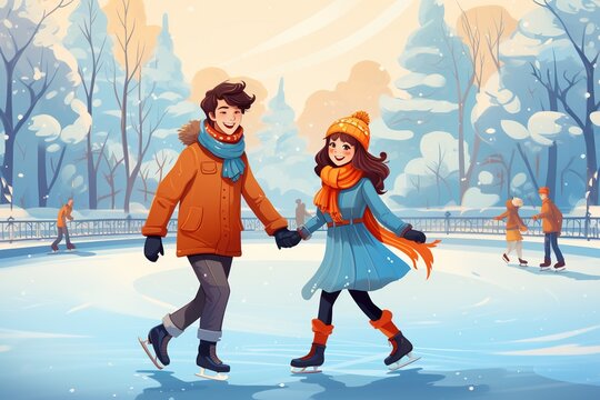 Man and woman figure skating on a frozen lake illustration
