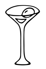 Drink dishes martini glass. Doodle art. Line art hand drawn illustration. Black vector sketch isolated on transparent background.