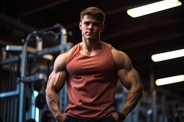 Fototapeta na wymiar Young, athletic man in sportswear in a gym. Close-up view. Active, sporty man in fitness club. Generation Z. Beautiful, muscular body. Big muscles. Healthy lifestyle.