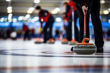Curling stones and competitors - obrazy, fototapety, plakaty