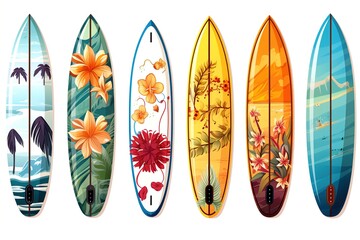 six colorful surfing boards illustration