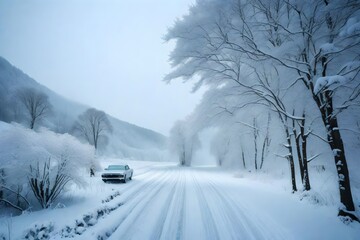 snow covered road in the forest