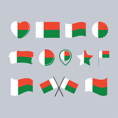 Madagascar flag icon set vector isolated on a gray background. Madagascar Flag graphic design element. Flag of Madagascar symbols collection. Set of Madagascar flag icons in flat style