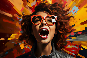 赤い眼鏡の叫ぶ女の人 - obrazy, fototapety, plakaty