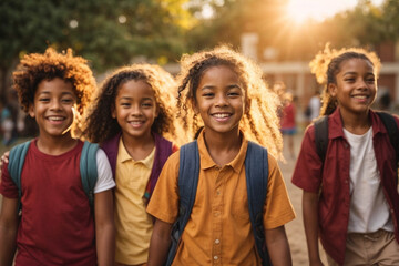 Obraz premium Portrait Of Multi-Cultural Children Hanging Out With Friends at sunset, Diversity concept