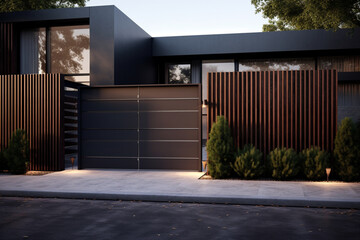 Fototapeta na wymiar Suburb home grey brown dark metal aluminum gate slats portal access house door