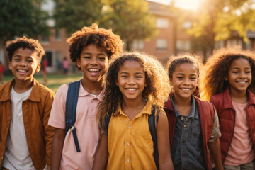 Fototapeta premium Portrait Of Multi-Cultural Children Hanging Out With Friends at sunset, Diversity concept