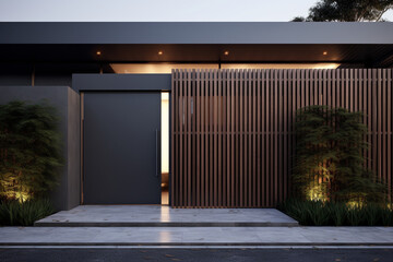 Suburb home grey brown dark metal aluminum gate slats portal access house door - obrazy, fototapety, plakaty