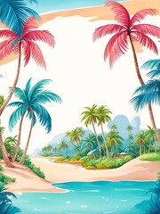 Fototapeta na wymiar Cartoon beach and palms landscape. AI generated illustration