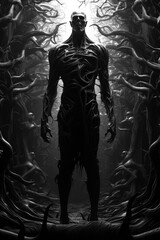 A Monochromatic Poster Illustration Depicting the Menacing Interplay of an Evil Demon, Ghost, and the Inevitability of Death - Generative AI
