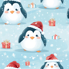 A seamless pattern with penguin, snow, and gifts